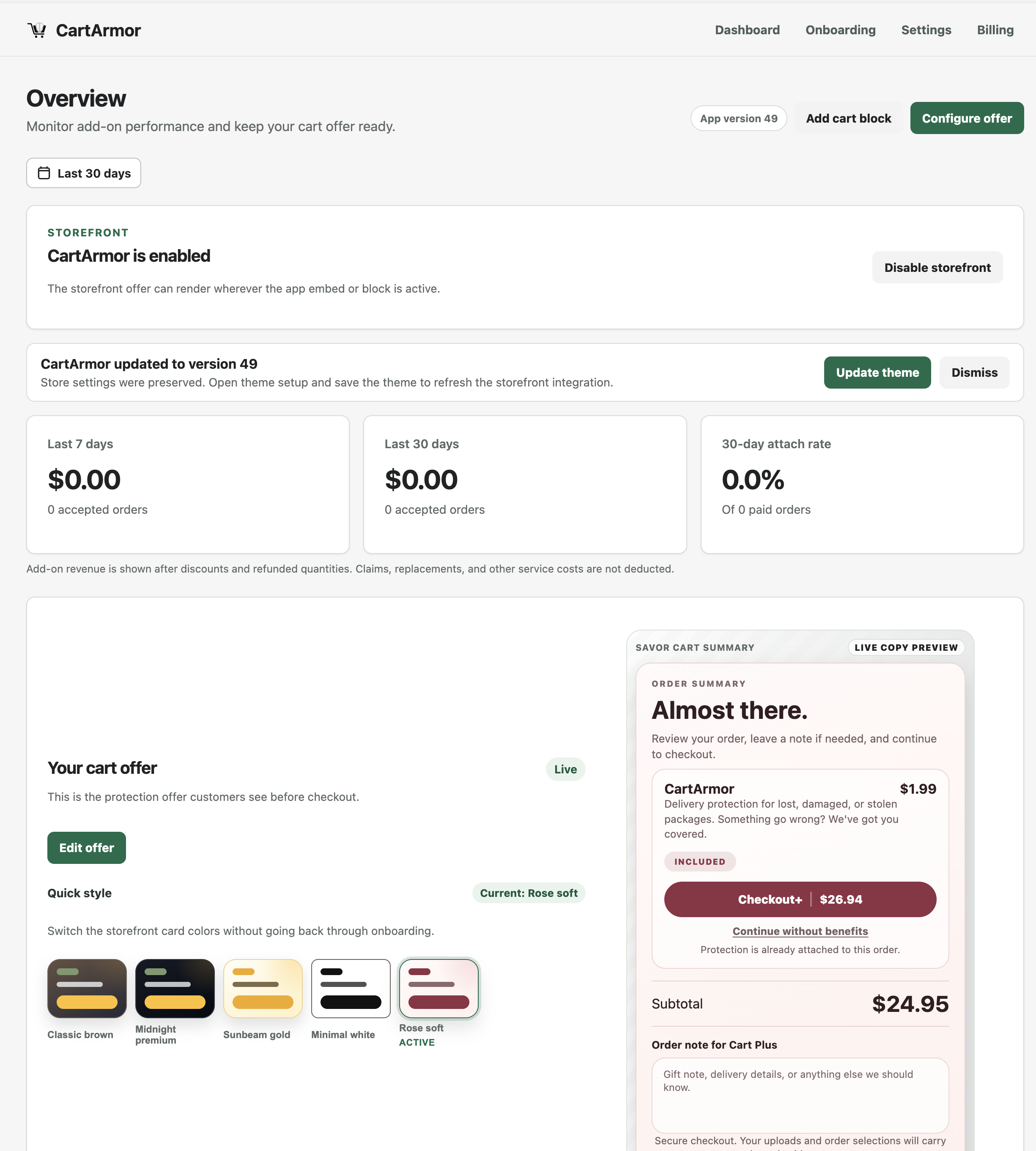 CartArmor embedded merchant dashboard
