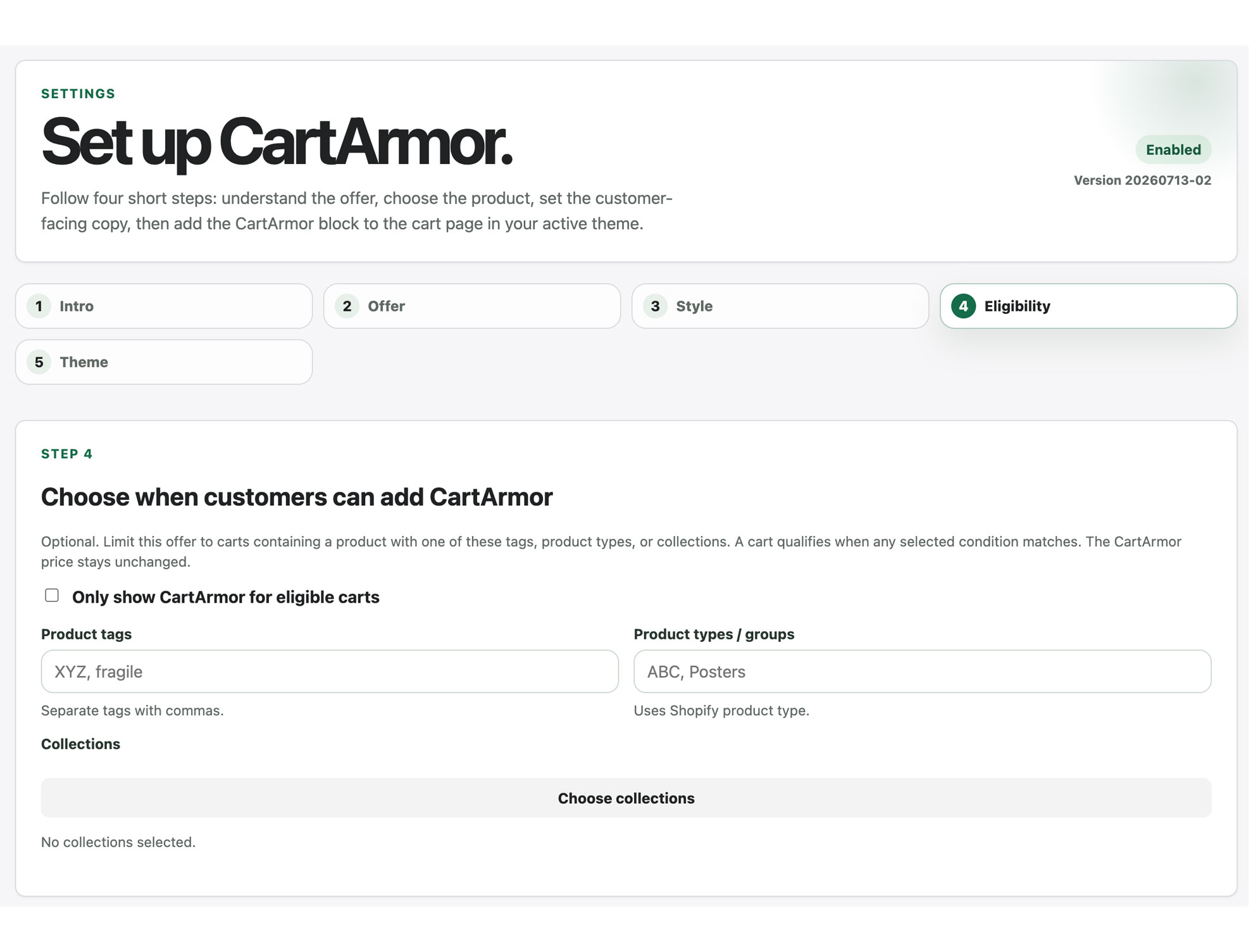CartArmor eligibility screen for product tags, product types, and collections