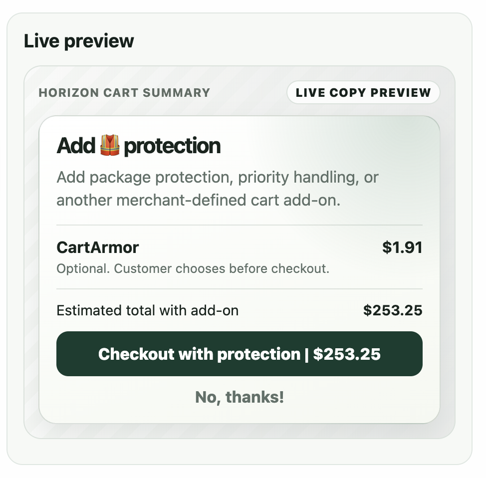 CartArmor optional paid service offer shown before checkout